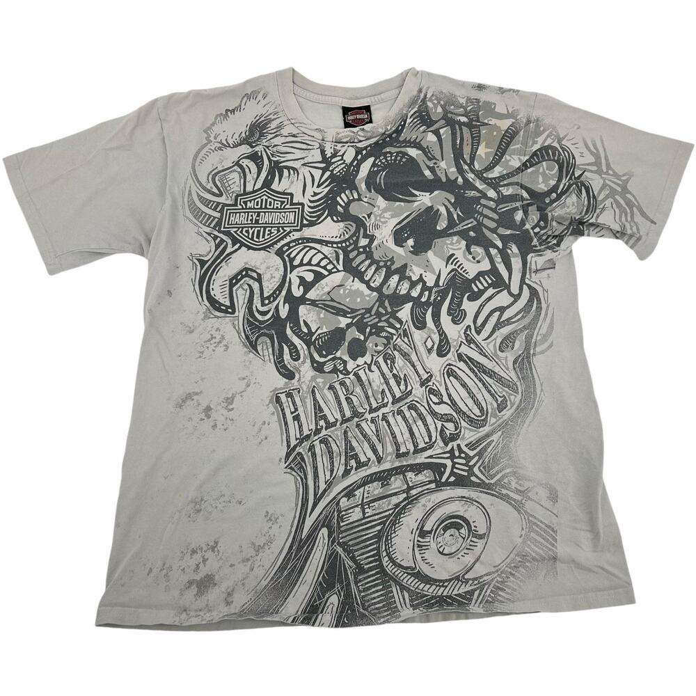 VTG y2k 2009 Men's Harley Davidson Skull Motorcycle Eagle AOP Graphic T Shirt XL